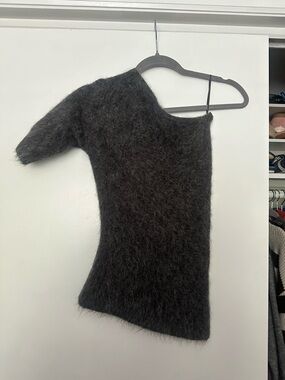 Zara Fuzzy One-Shoulder Sweater in Dark Gray